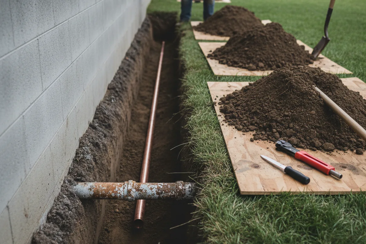 Excavated water line trench during Water Heater Repair in Changewater